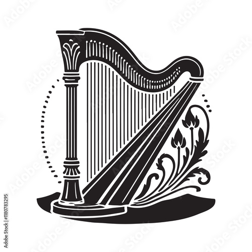 Harp Silhouette Vector Illustration, Solid White Background.