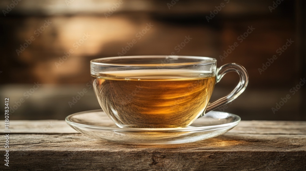 A glass teacup filled with amber liquid sits on a rustic wooden table. Perfect for blogs, websites, or articles about tea, relaxation, or comfort.