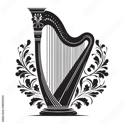 Harp Silhouette Vector Illustration, Solid White Background.