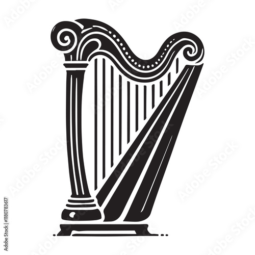 Harp Silhouette Vector Illustration, Solid White Background.