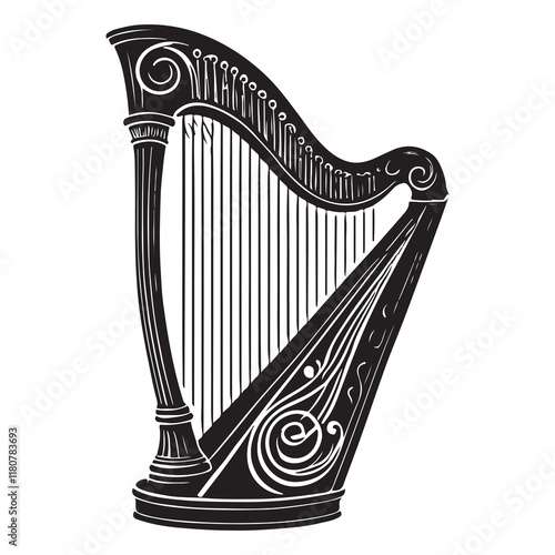 Harp Silhouette Vector Illustration, Solid White Background.