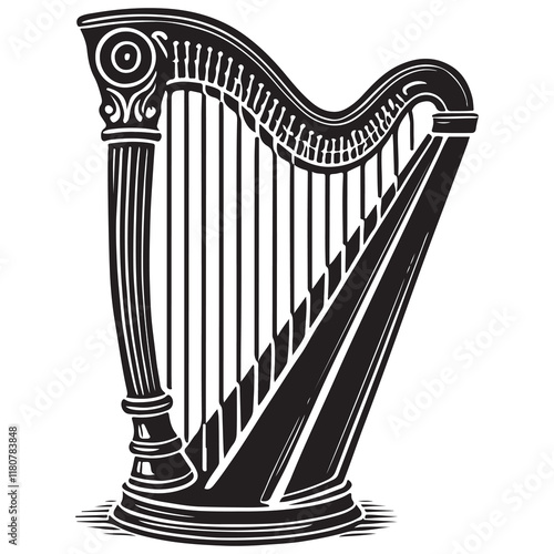 Harp Silhouette Vector Illustration, Solid White Background.