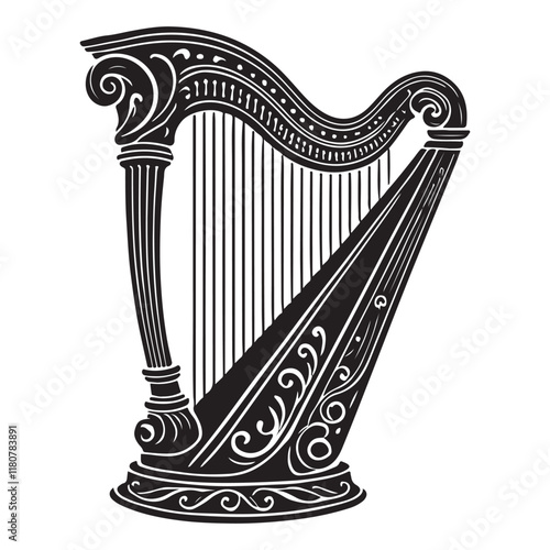 Harp Silhouette Vector Illustration, Solid White Background.