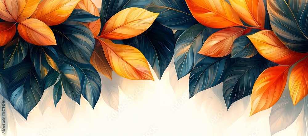 custom made wallpaper toronto digitalVibrant orange and teal leaves border design.