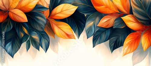 Wallpaper Mural Vibrant orange and teal leaves border design. Torontodigital.ca