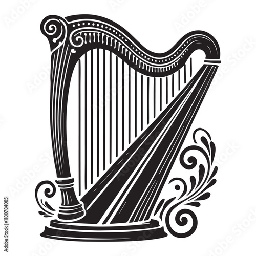 Harp Silhouette Vector Illustration, Solid White Background.