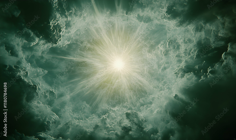 Dramatic ethereal image of sun rays bursting through dark, moody clouds; celestial, spiritual, hope, divine light. Dramatic ethereal image of sun rays bursting through dark, moody clouds; celestial, spiritual, hope, divine light.