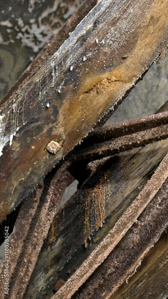 A historic wooden lift system and rusty machinery inside of the Turda Salt Mine in Romania. Vertical A historic wooden lift system and rusty machinery inside of the Turda Salt Mine in Romania. Vertical