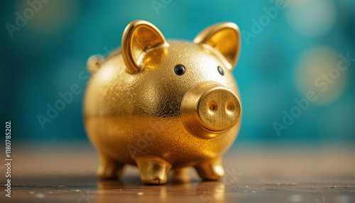 Golden piggy bank in the shape of a pig, symbolizing savings and financial security. photo