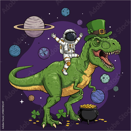 An astronaut joyfully rides a leprechaun-hatted T-Rex through space, surrounded by planets and a pot of gold.