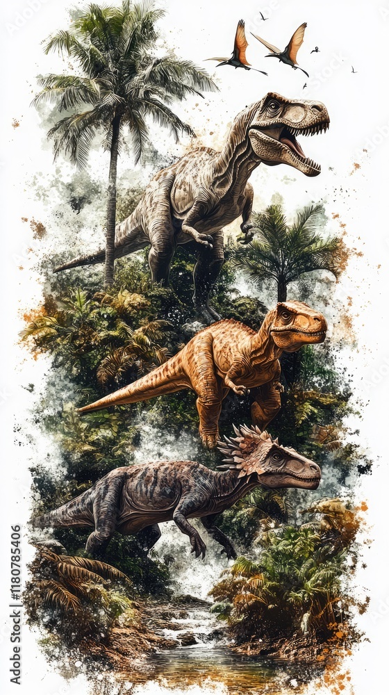 Fototapeta premium A dynamic illustration of three dinosaurs amidst a lush, tropical environment.