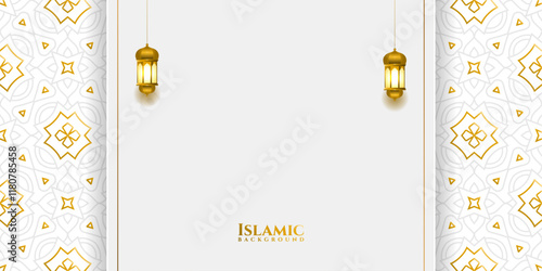 luxury white empty Ramadan Kareem Eid Mubarak arabesque border and pattern Islamic background photo