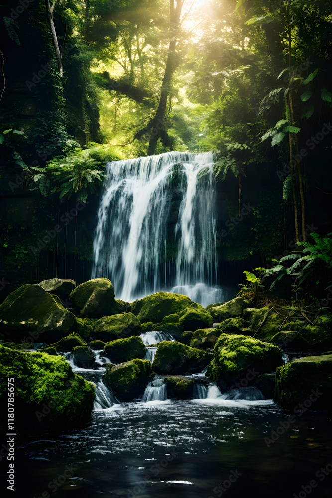 Serene Waterfall Cascading Over Mossy Rocks in a Lush Forest Setting Illuminated by Sunlight Serene Waterfall Cascading Over Mossy Rocks in a Lush Forest Setting Illuminated by Sunlight