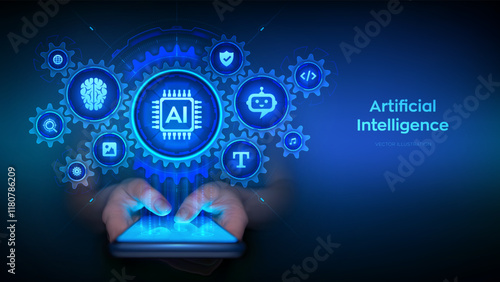 Artificial Intelligence and mobile technology concept. AI application. Using AI on smartphone for live translate, generative edit, circle to search, chatbot assistant conversation. Vector illustration