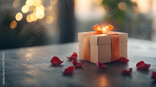 A beautifully wrapped Valentine s Day gift box glowing on a wooden table surrounded by delicate red rose petals creating a warm and romantic atmosphere photo