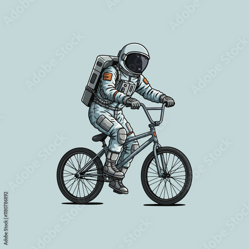 An illustration of an astronaut wearing a spacesuit riding a BMX bike, possibly in space.