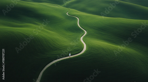 Striking Scene of a Young Person Walking Down a Winding Path Through Lush Green Hills Under a Clear Blue Sky
