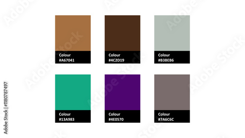 A vibrant vector color palette featuring six distinct shades, ranging from earthy browns and greens to bold purples and muted grays, perfect for design inspiration and creative projects