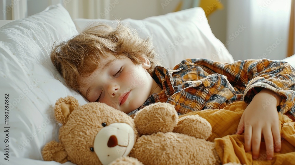 Sleep quality hygiene concept. Sleeping child cuddling a teddy bear in a cozy bedroom setting. Sleep quality hygiene concept. Sleeping child cuddling a teddy bear in a cozy bedroom setting.