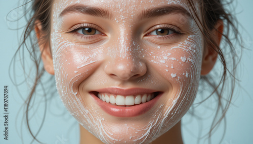 Smiling Caucasian woman with cream on her face, enjoying her skincare and beauty routine photo