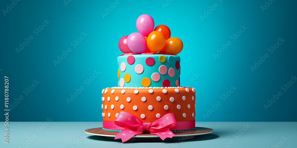 A two-tiered cake with polka dots, a pink bow, and balloon decorations stands against a bright blue background. A two-tiered cake with polka dots, a pink bow, and balloon decorations stands against a bright blue background.