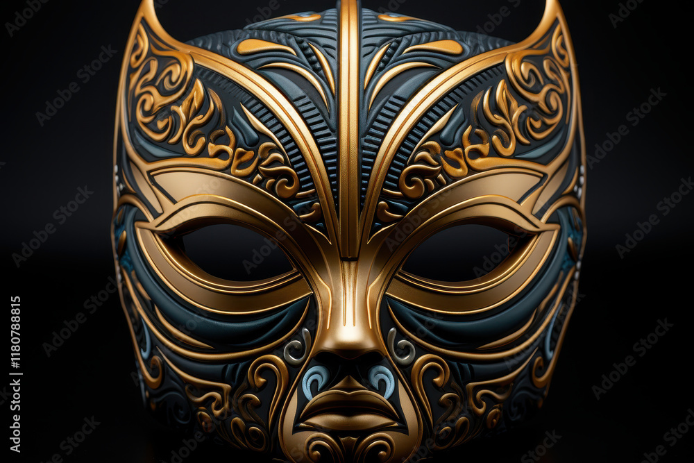 Naklejka premium Intricately Designed Artistic Mask with Elegant Patterns and Rich Color Details, Highlighting the Fusion of Culture and Modern Artistry, Captivating Display of Craftsmanship