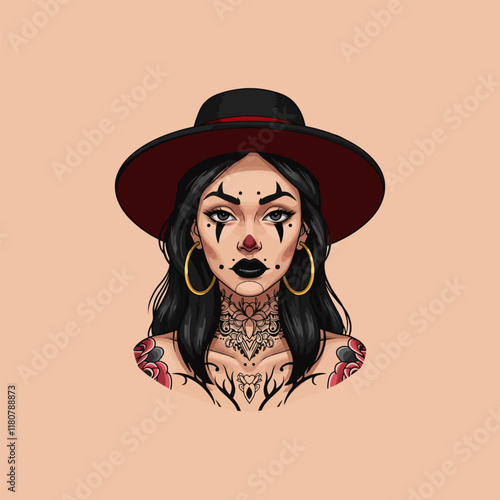 A stylized illustration of a tattooed woman with clown makeup wearing a wide-brimmed hat.