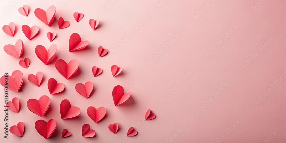 Top-down view of scattered red paper-cut hearts on a pastel pink background, minimalistic and romantic flat lay, HD Top-down view of scattered red paper-cut hearts on a pastel pink background, minimalistic and romantic flat lay, HD