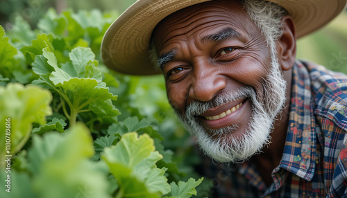 African American farmer smiling with joy in a field, showing happiness in harvest photo