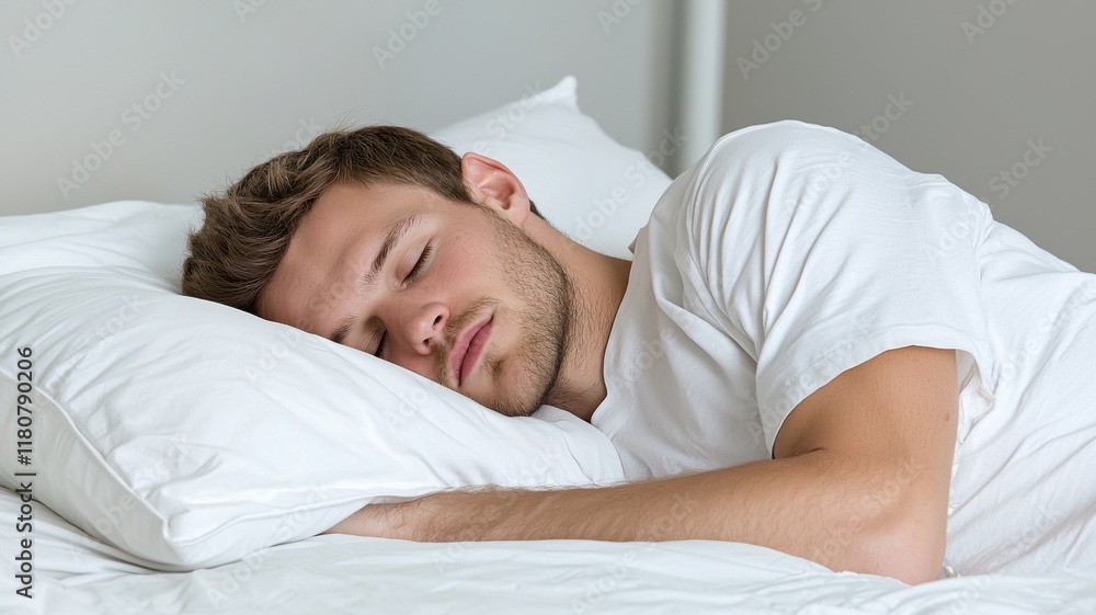 Sleep quality hygiene concept. Sleeping man resting on a pillow in a serene environment. Sleep quality hygiene concept. Sleeping man resting on a pillow in a serene environment.