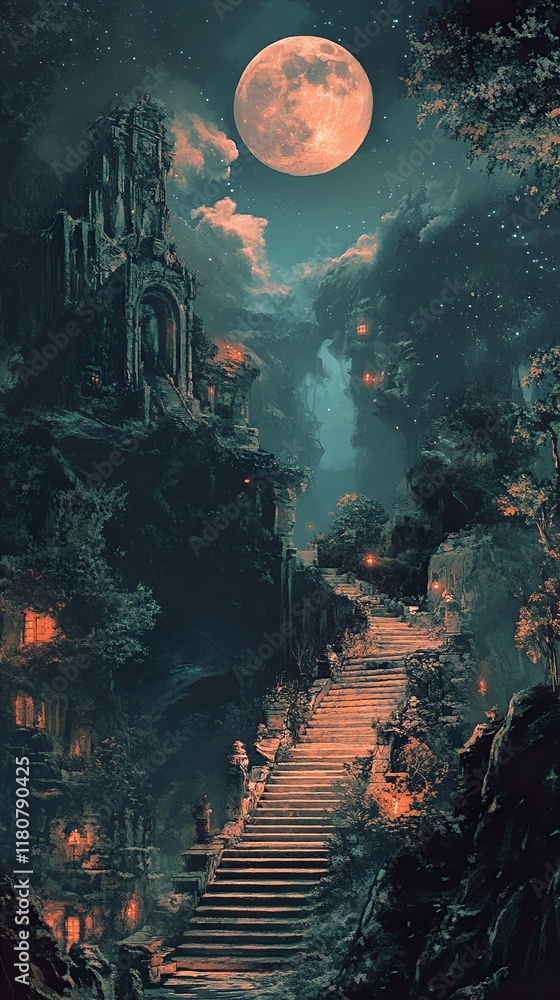 Fototapeta premium Enchanted Staircase: A Moonlit Fantasy Landscape