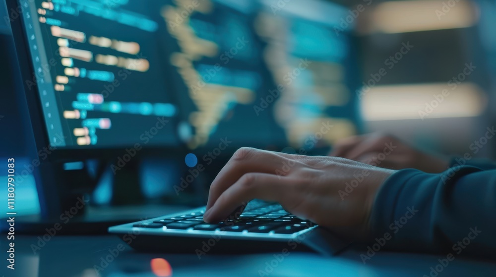 Close-Up of Hands Typing on a Computer Keyboard with Coding Displayed on Dual Monitors in a Dimly Lit Room for Software Development and Programming Concepts Close-Up of Hands Typing on a Computer Keyboard with Coding Displayed on Dual Monitors in a Dimly Lit Room for Software Development and Programming Concepts