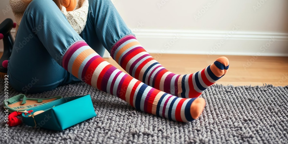Striped socks on colorful rug adding playful touch to cozy space, cozy, fashion Striped socks on colorful rug adding playful touch to cozy space, cozy, fashion