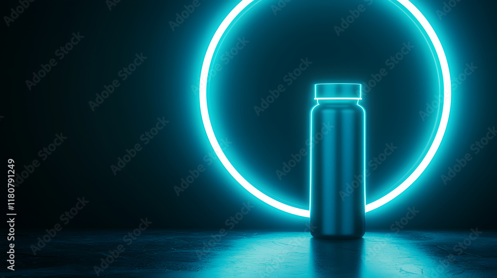 Illuminated bottle display modern studio product photography neon environment close-up view creative concept Illuminated bottle display modern studio product photography neon environment close-up view creative concept