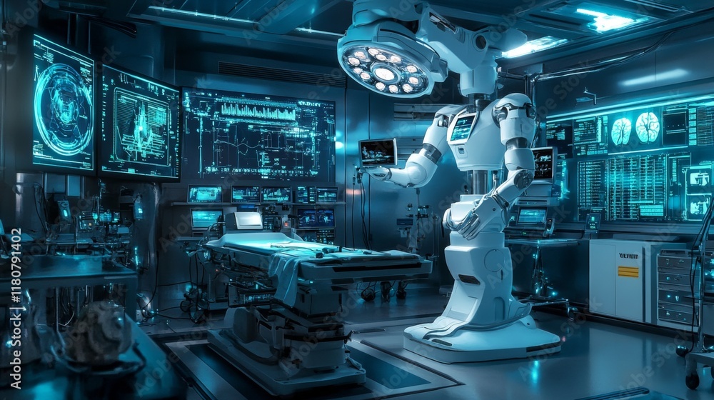 A high-tech operating room filled with autonomous robotic surgeons and holographic monitoring systems
