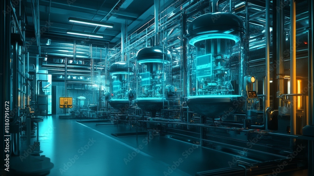 Fototapeta premium A massive vaccine production facility glowing with advanced filtration and automated injection systems