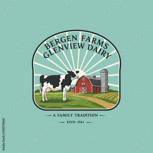 A retro-style logo depicting a cow, barn, and silo on a farm representing Bergen Farms Glenview Dairy a family tradition since 1941.