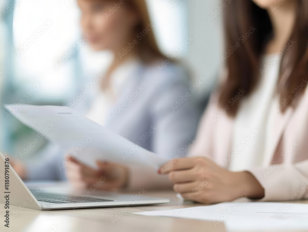 Two Women Engaged in Business Meeting with Documents and Laptop in Modern Office Setting, Focus on Collaboration and Professional Interaction Two Women Engaged in Business Meeting with Documents and Laptop in Modern Office Setting, Focus on Collaboration and Professional Interaction