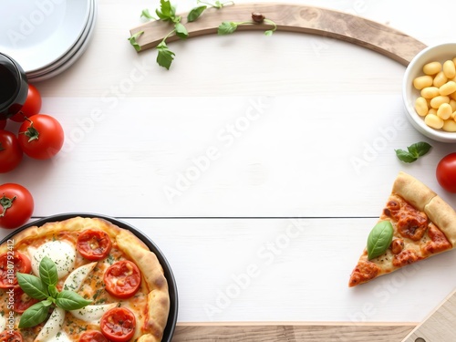 Supreme deluxe pizza on round plate with wood background in middle frame, Italian, deluxe photo