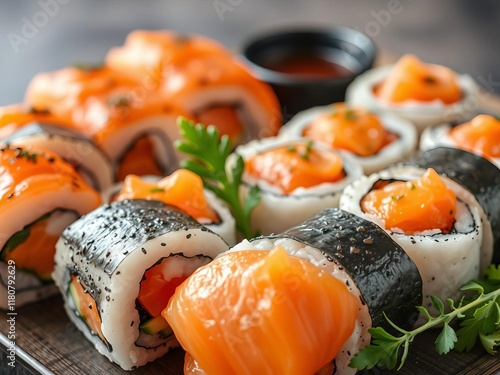 Sushi rolls topped with salmon, herbs, roe for culinary enthusiasts, food lovers, vibrant, sushi photo