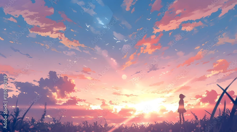Naklejka premium A bright sunset sky with radiant clouds, creating a serene and magical anime scene.