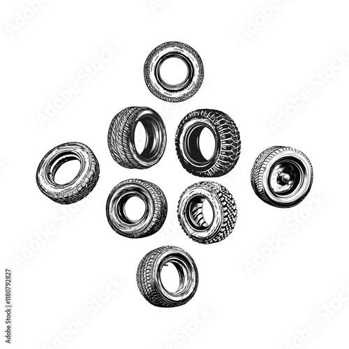 Tire hand draw engraving design vector template illustration