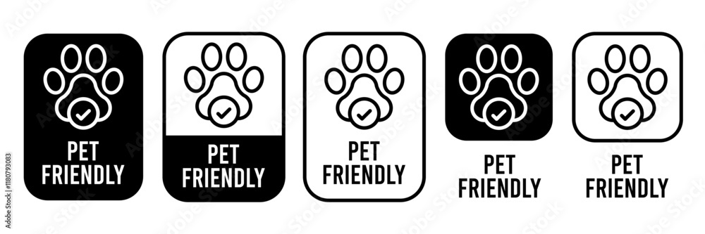 Pet Friendly icon set. Pet Friendly logo, label, sign, badge, symbol, banner, line, flat vector, isolated illustration. Pet Friendly label for product packaging design. Dogs and cats allowed sign. Pet Friendly icon set. Pet Friendly logo, label, sign, badge, symbol, banner, line, flat vector, isolated illustration. Pet Friendly label for product packaging design. Dogs and cats allowed sign.