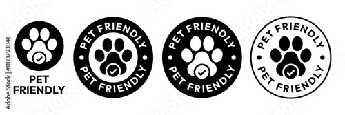 Pet Friendly icon set. Pet Friendly logo, label, sign, badge, symbol, banner, line, flat vector, isolated illustration. Pet Friendly label for product packaging design. Dogs and cats allowed sign.