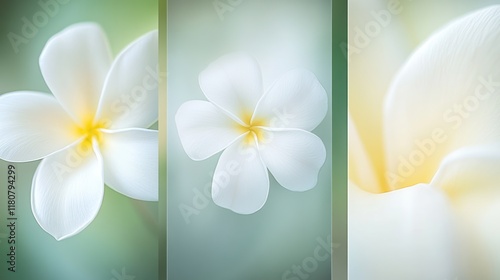 Tropical white flower triptych, soft focus, green background, spa design photo