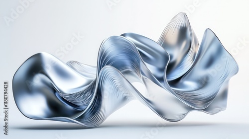 Abstract 3D shape with flowing curves and a gradient metallic texture, floating on white.