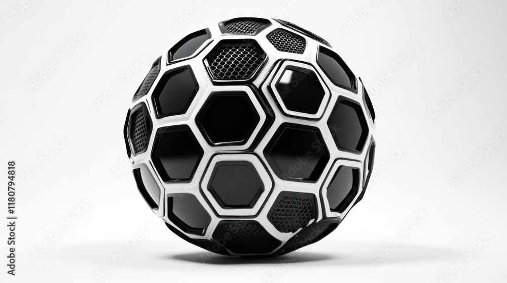 Fototapeta premium Bold black-and-white 3D football with defined hexagons and crisp seam details, centered on a white background.