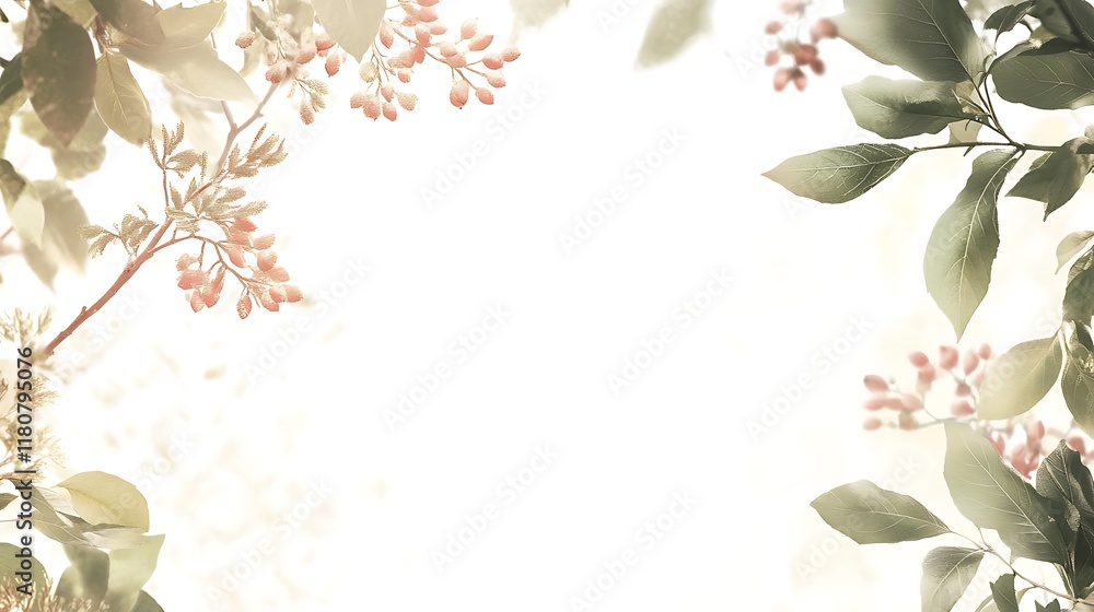Fototapeta premium Delicate Branches with Berries and Leaves Frame a White Space