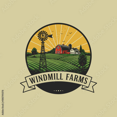 A vintage style logo featuring a windmill, farm buildings, and rolling green fields at sunset.