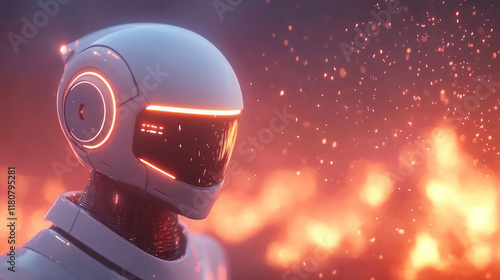 futuristic robot with sleek helmet stands against fiery background, showcasing advanced technology and dramatic atmosphere photo